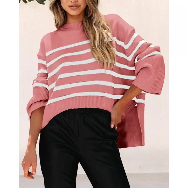 imagePRETTYGARDEN Womens 2023 Fall Striped Sweater Oversized Long Sleeve Crew Neck Side Slit Casual Trendy Knit Pullover SweatersPink