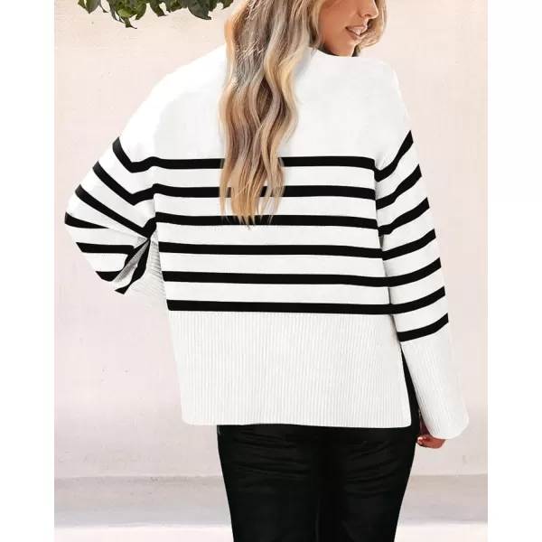 imagePRETTYGARDEN Womens 2023 Fall Striped Sweater Oversized Long Sleeve Crew Neck Side Slit Casual Trendy Knit Pullover SweatersWhite