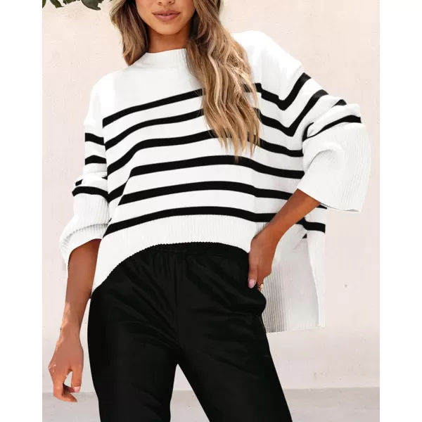 imagePRETTYGARDEN Womens 2023 Fall Striped Sweater Oversized Long Sleeve Crew Neck Side Slit Casual Trendy Knit Pullover SweatersWhite