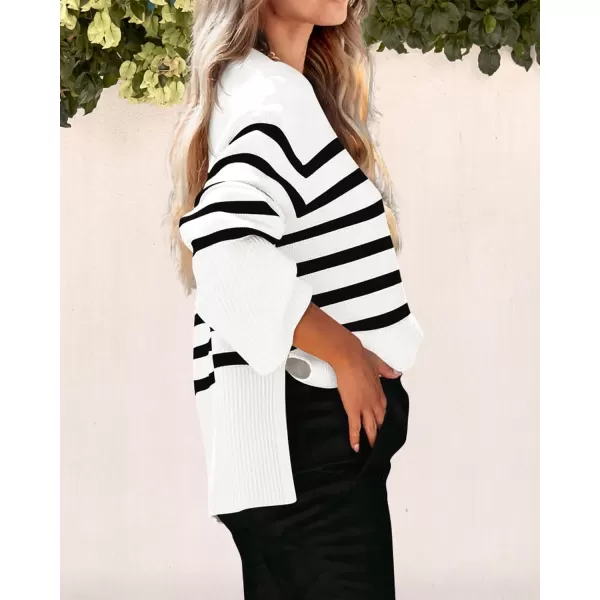 imagePRETTYGARDEN Womens 2023 Fall Striped Sweater Oversized Long Sleeve Crew Neck Side Slit Casual Trendy Knit Pullover SweatersWhite