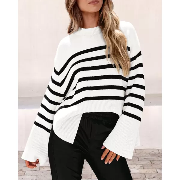imagePRETTYGARDEN Womens 2023 Fall Striped Sweater Oversized Long Sleeve Crew Neck Side Slit Casual Trendy Knit Pullover SweatersWhite