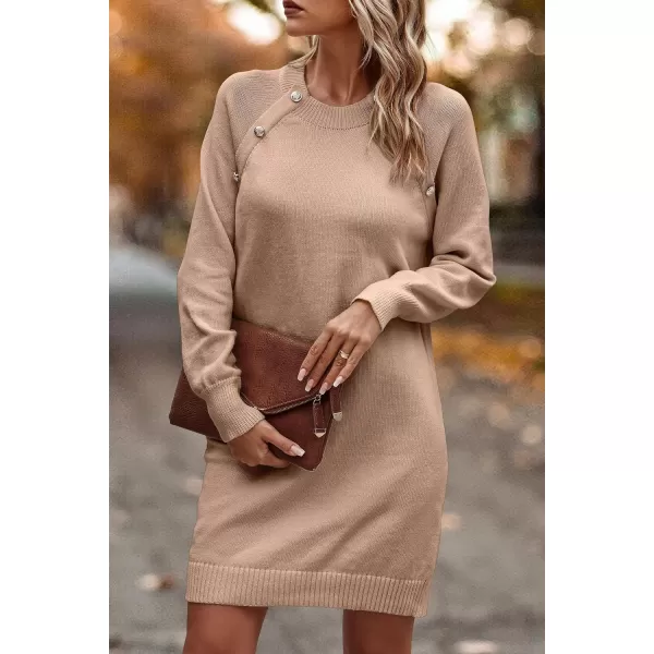 imagePRETTYGARDEN Womens 2023 Fall Sweater Dress Crewneck Long Sleeve Oversized Pullover Sweaters Casual Knit Short DressesKhaki