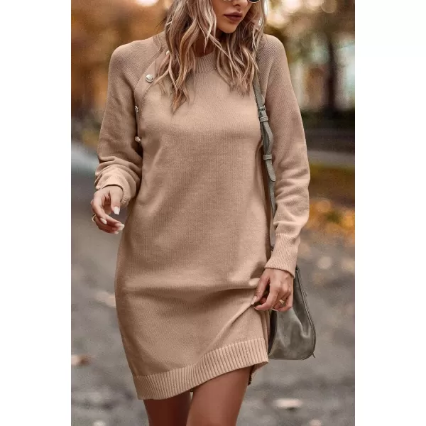 imagePRETTYGARDEN Womens 2023 Fall Sweater Dress Crewneck Long Sleeve Oversized Pullover Sweaters Casual Knit Short DressesKhaki