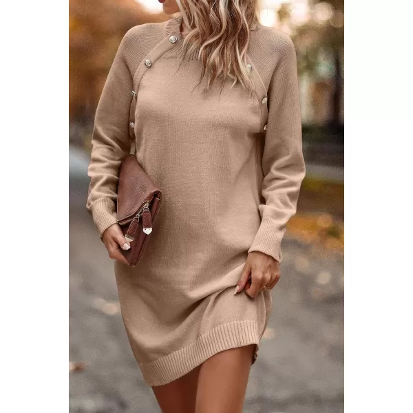 imagePRETTYGARDEN Womens 2023 Fall Sweater Dress Crewneck Long Sleeve Oversized Pullover Sweaters Casual Knit Short DressesKhaki