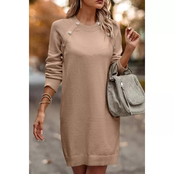 imagePRETTYGARDEN Womens 2023 Fall Sweater Dress Crewneck Long Sleeve Oversized Pullover Sweaters Casual Knit Short DressesKhaki