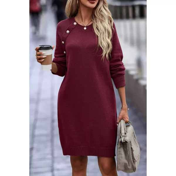 imagePRETTYGARDEN Womens 2023 Fall Sweater Dress Crewneck Long Sleeve Oversized Pullover Sweaters Casual Knit Short DressesWine Red