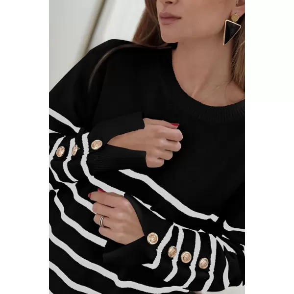 imagePRETTYGARDEN Womens 2023 Fall Sweater Dress Crewneck Long Sleeve Pullover Sweaters Casual Cute Loose Fit Knit Short DressesStriped Black