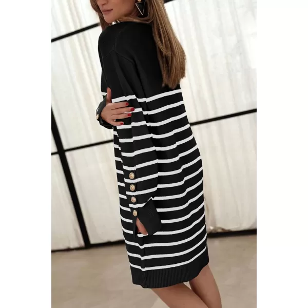 imagePRETTYGARDEN Womens 2023 Fall Sweater Dress Crewneck Long Sleeve Pullover Sweaters Casual Cute Loose Fit Knit Short DressesStriped Black