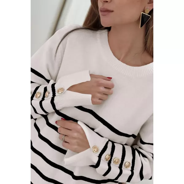 imagePRETTYGARDEN Womens 2023 Fall Sweater Dress Crewneck Long Sleeve Pullover Sweaters Casual Cute Loose Fit Knit Short DressesStriped White