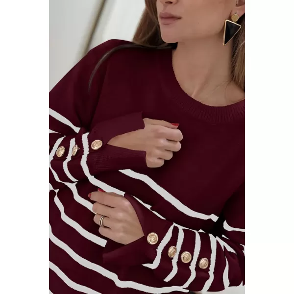 imagePRETTYGARDEN Womens 2023 Fall Sweater Dress Crewneck Long Sleeve Pullover Sweaters Casual Cute Loose Fit Knit Short DressesStriped Wine Red