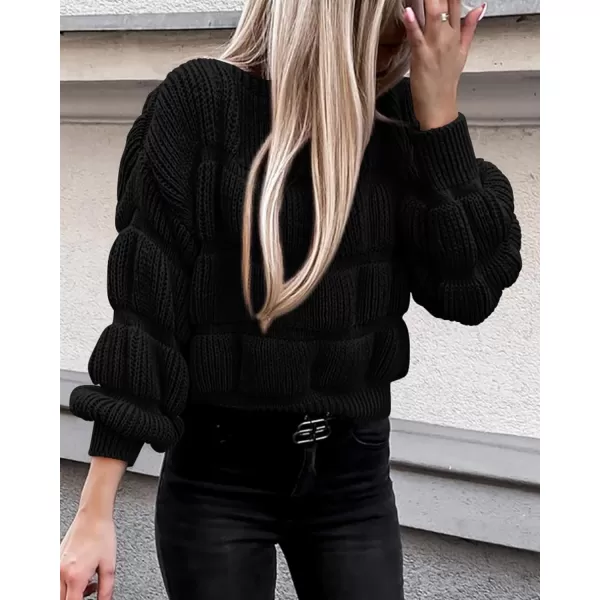 imagePRETTYGARDEN Womens 2023 Fall Sweaters Casual Crew Neck Pullover Long Puff Sleeve Loose Plain Chunky Knit Cute Blouse TopsBlack