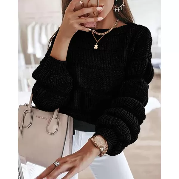 imagePRETTYGARDEN Womens 2023 Fall Sweaters Casual Crew Neck Pullover Long Puff Sleeve Loose Plain Chunky Knit Cute Blouse TopsBlack