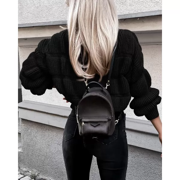 imagePRETTYGARDEN Womens 2023 Fall Sweaters Casual Crew Neck Pullover Long Puff Sleeve Loose Plain Chunky Knit Cute Blouse TopsBlack