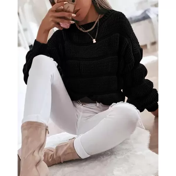 imagePRETTYGARDEN Womens 2023 Fall Sweaters Casual Crew Neck Pullover Long Puff Sleeve Loose Plain Chunky Knit Cute Blouse TopsBlack