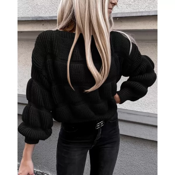 imagePRETTYGARDEN Womens 2023 Fall Sweaters Casual Crew Neck Pullover Long Puff Sleeve Loose Plain Chunky Knit Cute Blouse TopsBlack