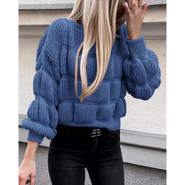 imagePRETTYGARDEN Womens 2023 Fall Sweaters Casual Crew Neck Pullover Long Puff Sleeve Loose Plain Chunky Knit Cute Blouse TopsBlue