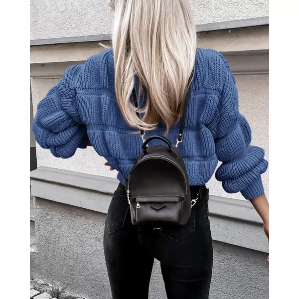 imagePRETTYGARDEN Womens 2023 Fall Sweaters Casual Crew Neck Pullover Long Puff Sleeve Loose Plain Chunky Knit Cute Blouse TopsBlue