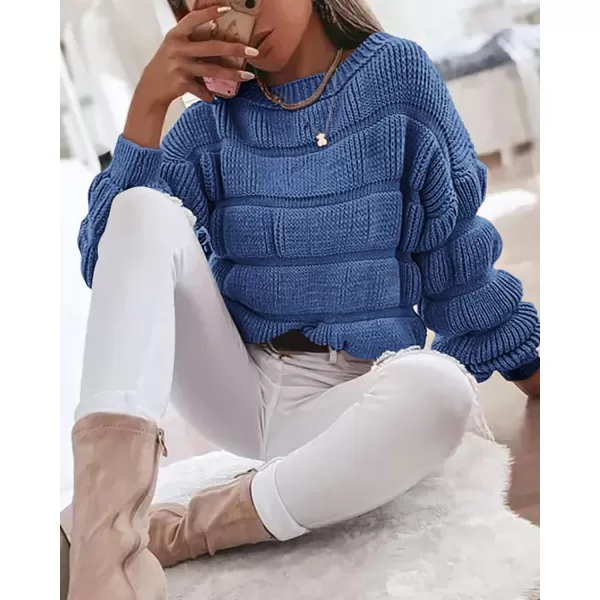 imagePRETTYGARDEN Womens 2023 Fall Sweaters Casual Crew Neck Pullover Long Puff Sleeve Loose Plain Chunky Knit Cute Blouse TopsBlue