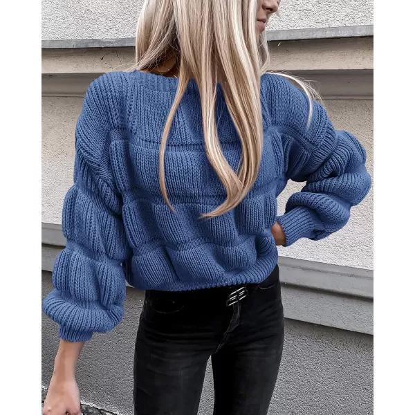 imagePRETTYGARDEN Womens 2023 Fall Sweaters Casual Crew Neck Pullover Long Puff Sleeve Loose Plain Chunky Knit Cute Blouse TopsBlue