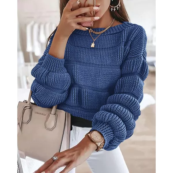 imagePRETTYGARDEN Womens 2023 Fall Sweaters Casual Crew Neck Pullover Long Puff Sleeve Loose Plain Chunky Knit Cute Blouse TopsBlue