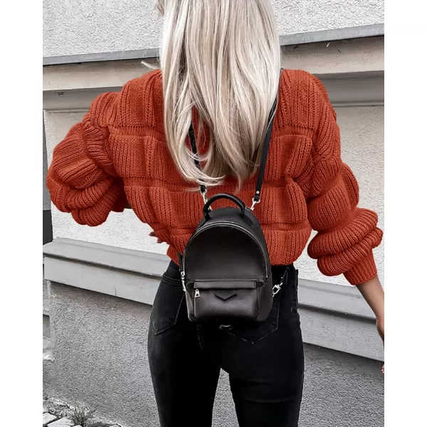 imagePRETTYGARDEN Womens 2023 Fall Sweaters Casual Crew Neck Pullover Long Puff Sleeve Loose Plain Chunky Knit Cute Blouse TopsBrick Red