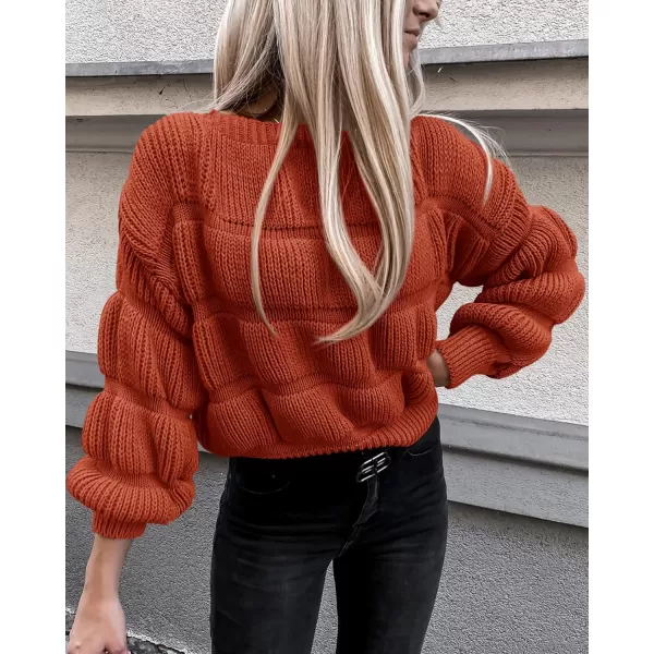imagePRETTYGARDEN Womens 2023 Fall Sweaters Casual Crew Neck Pullover Long Puff Sleeve Loose Plain Chunky Knit Cute Blouse TopsBrick Red