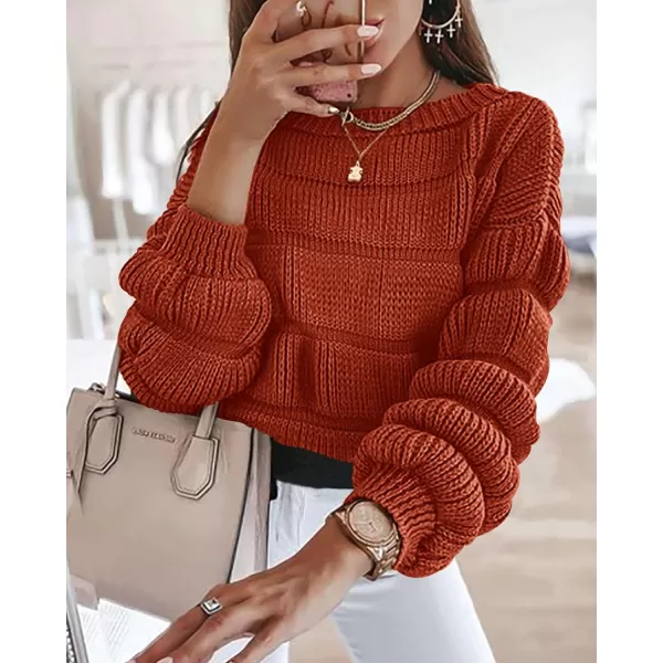 imagePRETTYGARDEN Womens 2023 Fall Sweaters Casual Crew Neck Pullover Long Puff Sleeve Loose Plain Chunky Knit Cute Blouse TopsBrick Red