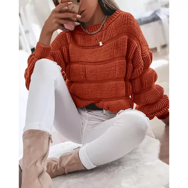 imagePRETTYGARDEN Womens 2023 Fall Sweaters Casual Crew Neck Pullover Long Puff Sleeve Loose Plain Chunky Knit Cute Blouse TopsBrick Red