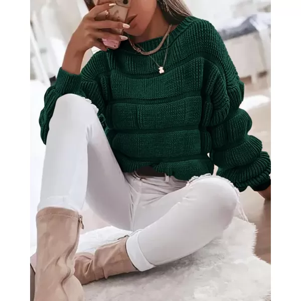 imagePRETTYGARDEN Womens 2023 Fall Sweaters Casual Crew Neck Pullover Long Puff Sleeve Loose Plain Chunky Knit Cute Blouse TopsDark Green