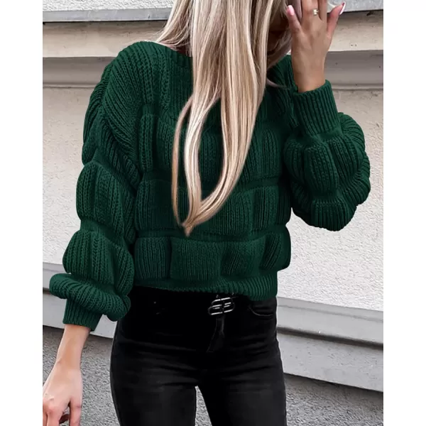 imagePRETTYGARDEN Womens 2023 Fall Sweaters Casual Crew Neck Pullover Long Puff Sleeve Loose Plain Chunky Knit Cute Blouse TopsDark Green