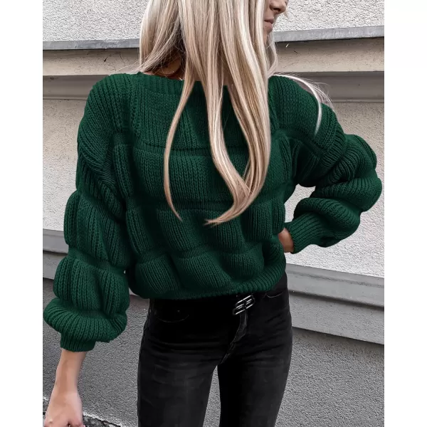 imagePRETTYGARDEN Womens 2023 Fall Sweaters Casual Crew Neck Pullover Long Puff Sleeve Loose Plain Chunky Knit Cute Blouse TopsDark Green