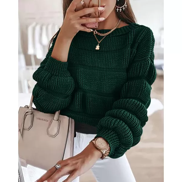 imagePRETTYGARDEN Womens 2023 Fall Sweaters Casual Crew Neck Pullover Long Puff Sleeve Loose Plain Chunky Knit Cute Blouse TopsDark Green