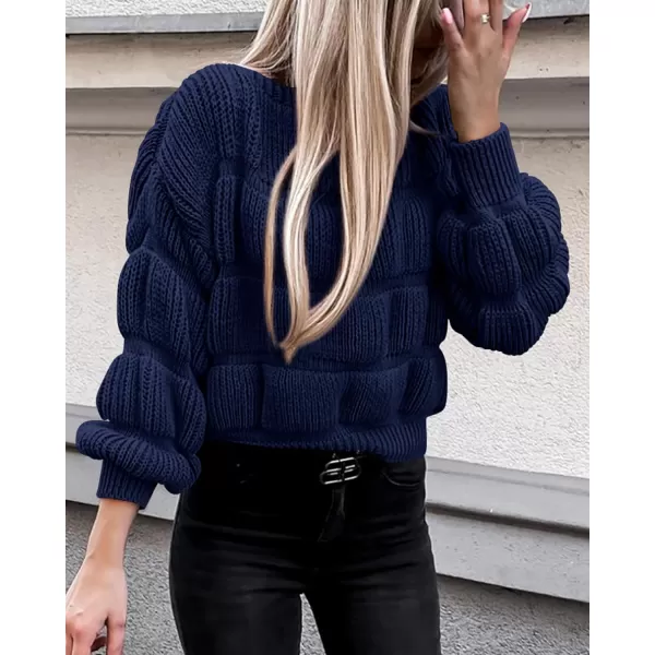 imagePRETTYGARDEN Womens 2023 Fall Sweaters Casual Crew Neck Pullover Long Puff Sleeve Loose Plain Chunky Knit Cute Blouse TopsNavy