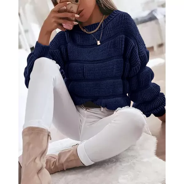 imagePRETTYGARDEN Womens 2023 Fall Sweaters Casual Crew Neck Pullover Long Puff Sleeve Loose Plain Chunky Knit Cute Blouse TopsNavy