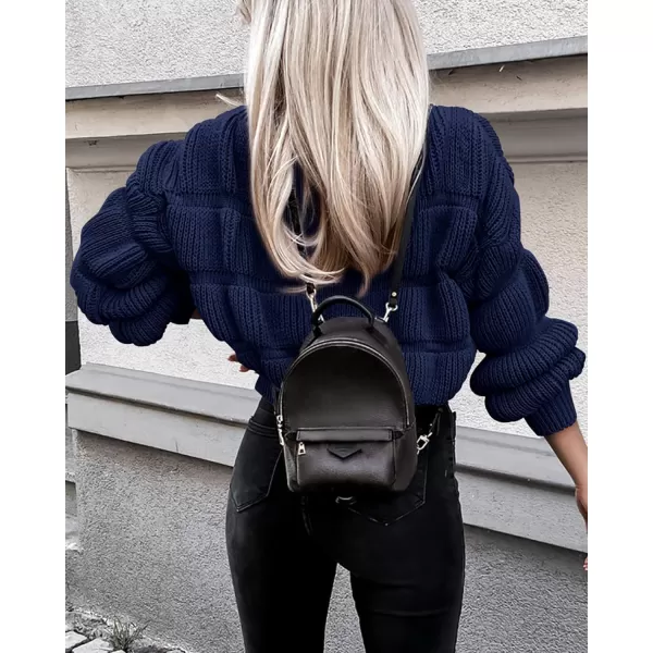 imagePRETTYGARDEN Womens 2023 Fall Sweaters Casual Crew Neck Pullover Long Puff Sleeve Loose Plain Chunky Knit Cute Blouse TopsNavy