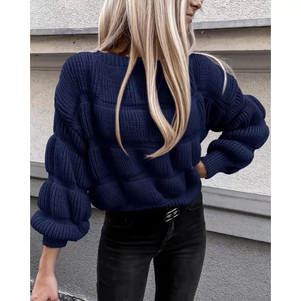 imagePRETTYGARDEN Womens 2023 Fall Sweaters Casual Crew Neck Pullover Long Puff Sleeve Loose Plain Chunky Knit Cute Blouse TopsNavy