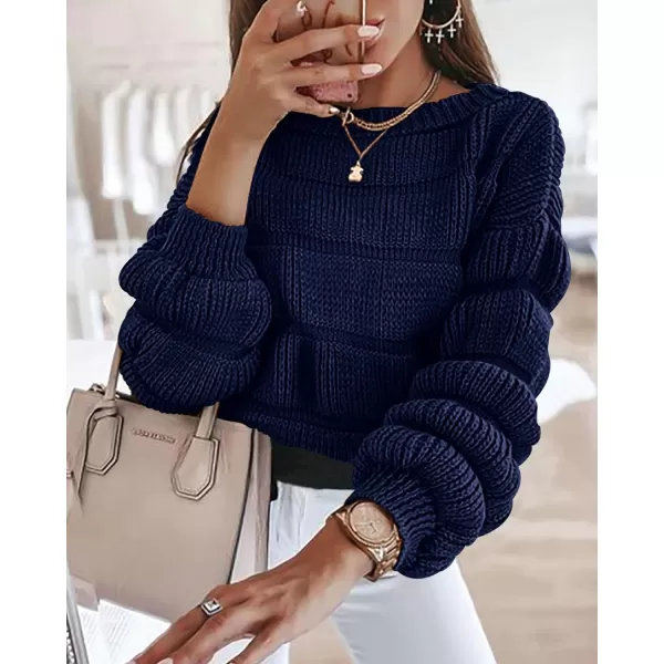 imagePRETTYGARDEN Womens 2023 Fall Sweaters Casual Crew Neck Pullover Long Puff Sleeve Loose Plain Chunky Knit Cute Blouse TopsNavy