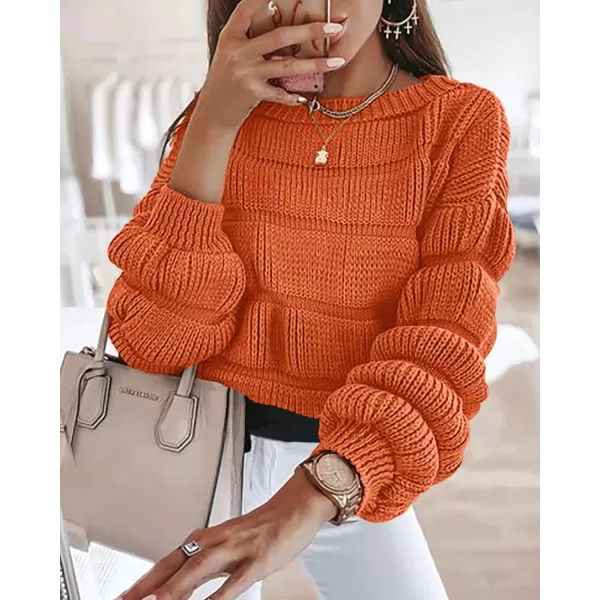 imagePRETTYGARDEN Womens 2023 Fall Sweaters Casual Crew Neck Pullover Long Puff Sleeve Loose Plain Chunky Knit Cute Blouse TopsOrange