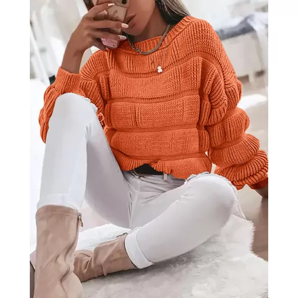 imagePRETTYGARDEN Womens 2023 Fall Sweaters Casual Crew Neck Pullover Long Puff Sleeve Loose Plain Chunky Knit Cute Blouse TopsOrange