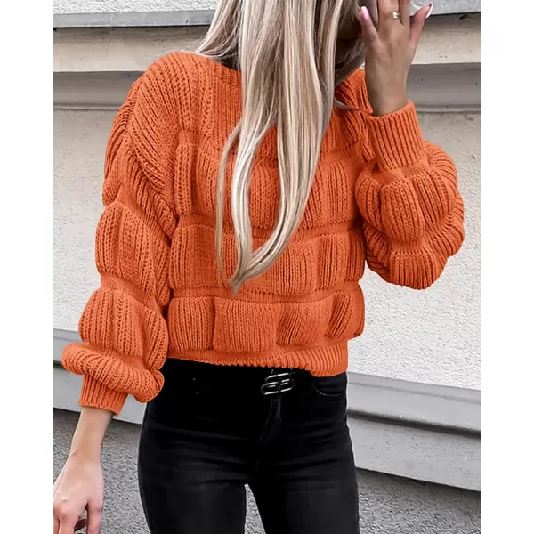 imagePRETTYGARDEN Womens 2023 Fall Sweaters Casual Crew Neck Pullover Long Puff Sleeve Loose Plain Chunky Knit Cute Blouse TopsOrange