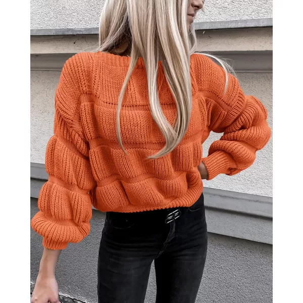 imagePRETTYGARDEN Womens 2023 Fall Sweaters Casual Crew Neck Pullover Long Puff Sleeve Loose Plain Chunky Knit Cute Blouse TopsOrange