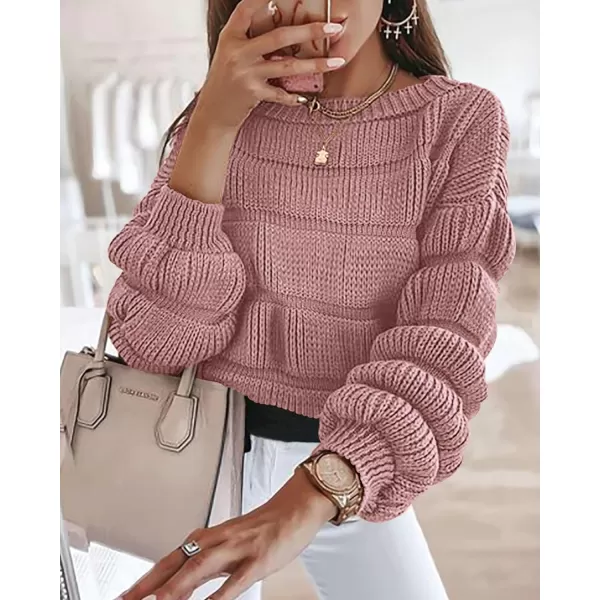 imagePRETTYGARDEN Womens 2023 Fall Sweaters Casual Crew Neck Pullover Long Puff Sleeve Loose Plain Chunky Knit Cute Blouse TopsPink