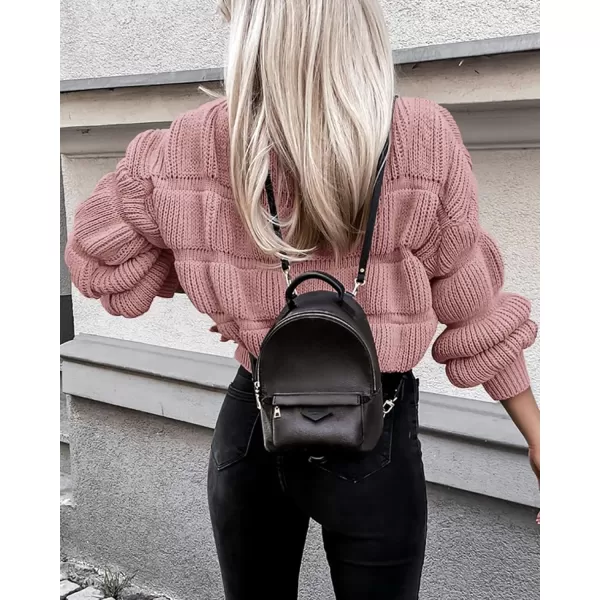 imagePRETTYGARDEN Womens 2023 Fall Sweaters Casual Crew Neck Pullover Long Puff Sleeve Loose Plain Chunky Knit Cute Blouse TopsPink
