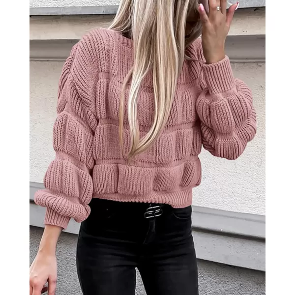 imagePRETTYGARDEN Womens 2023 Fall Sweaters Casual Crew Neck Pullover Long Puff Sleeve Loose Plain Chunky Knit Cute Blouse TopsPink