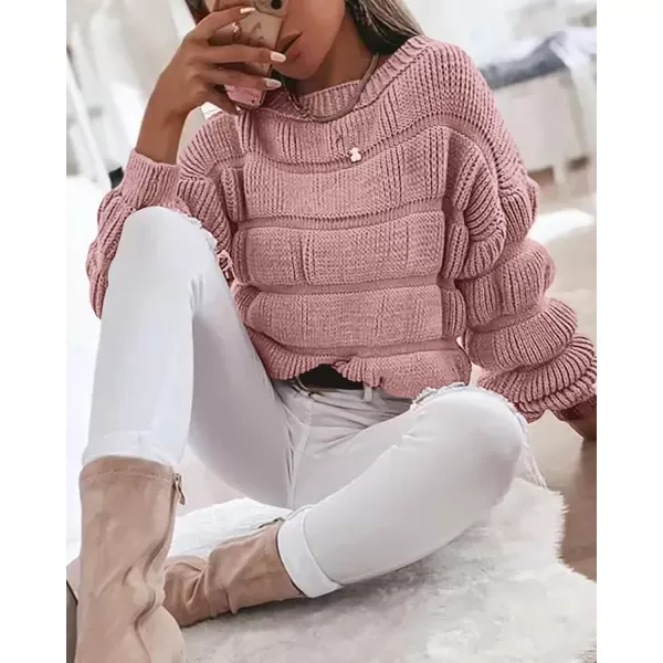 imagePRETTYGARDEN Womens 2023 Fall Sweaters Casual Crew Neck Pullover Long Puff Sleeve Loose Plain Chunky Knit Cute Blouse TopsPink