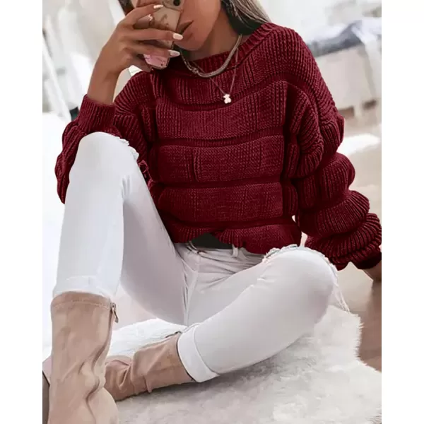 imagePRETTYGARDEN Womens 2023 Fall Sweaters Casual Crew Neck Pullover Long Puff Sleeve Loose Plain Chunky Knit Cute Blouse TopsWine Red