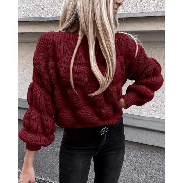 imagePRETTYGARDEN Womens 2023 Fall Sweaters Casual Crew Neck Pullover Long Puff Sleeve Loose Plain Chunky Knit Cute Blouse TopsWine Red