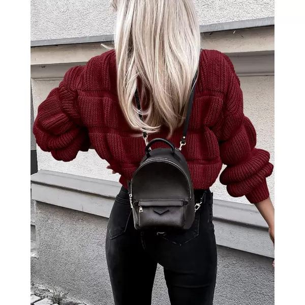 imagePRETTYGARDEN Womens 2023 Fall Sweaters Casual Crew Neck Pullover Long Puff Sleeve Loose Plain Chunky Knit Cute Blouse TopsWine Red