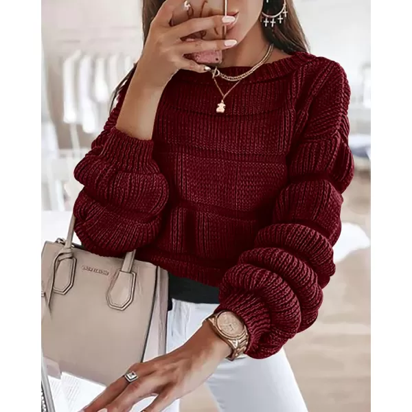 imagePRETTYGARDEN Womens 2023 Fall Sweaters Casual Crew Neck Pullover Long Puff Sleeve Loose Plain Chunky Knit Cute Blouse TopsWine Red