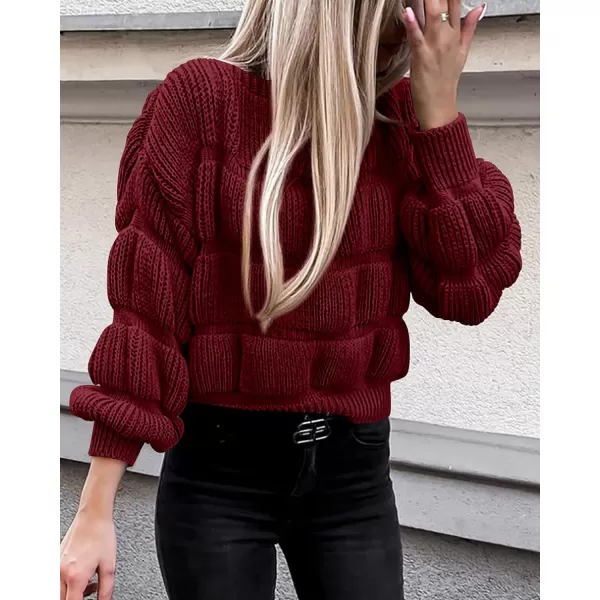 imagePRETTYGARDEN Womens 2023 Fall Sweaters Casual Crew Neck Pullover Long Puff Sleeve Loose Plain Chunky Knit Cute Blouse TopsWine Red
